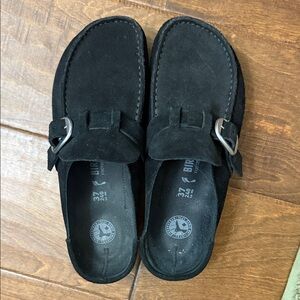 Birkenstock Black Suede Buckle Loafers